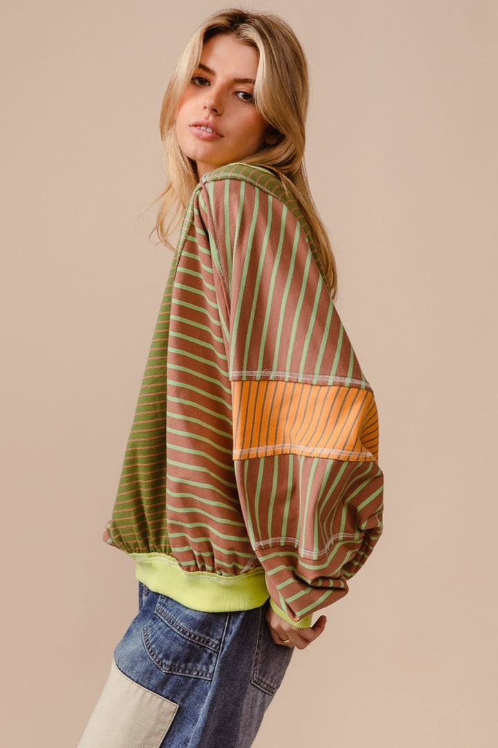 BiBi Color Block Striped Round Neck Sweatshirt In Olive