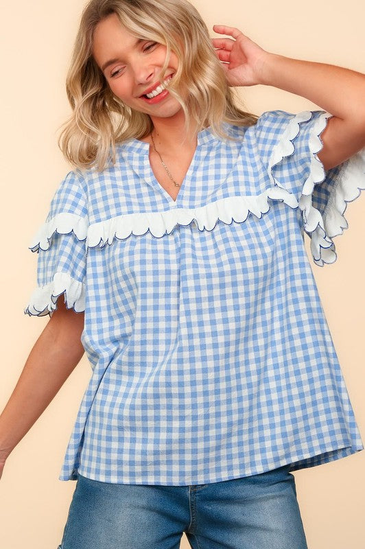 Haptics Plaid Scallop Hem Notched Blouse In Sky Blue