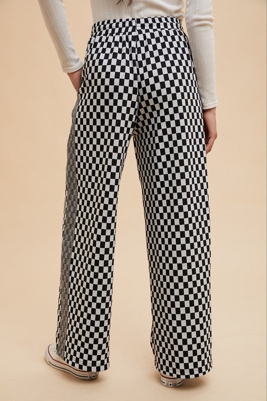 Annie Wear Drawstring Checkered Wide Leg Pants In Black