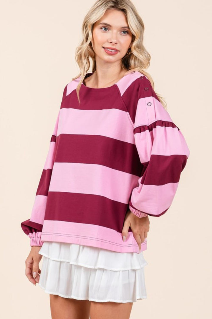 Mittoshop Striped Snap Shoulder Long Top In Pink