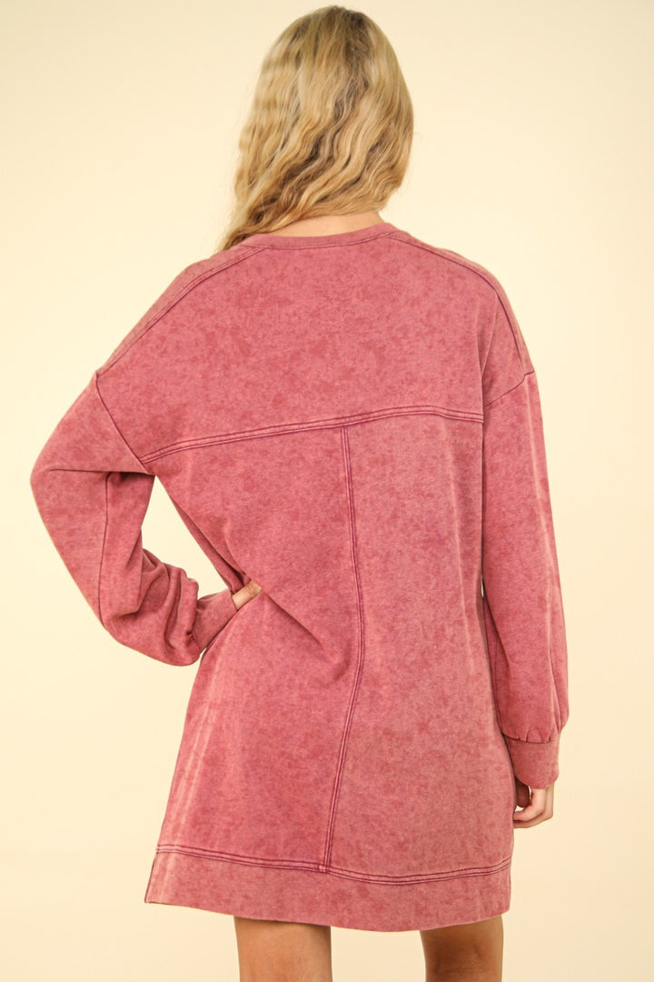 VERY J Mineral Washed Oversized Sweatshirt Mini Dress In Magenta