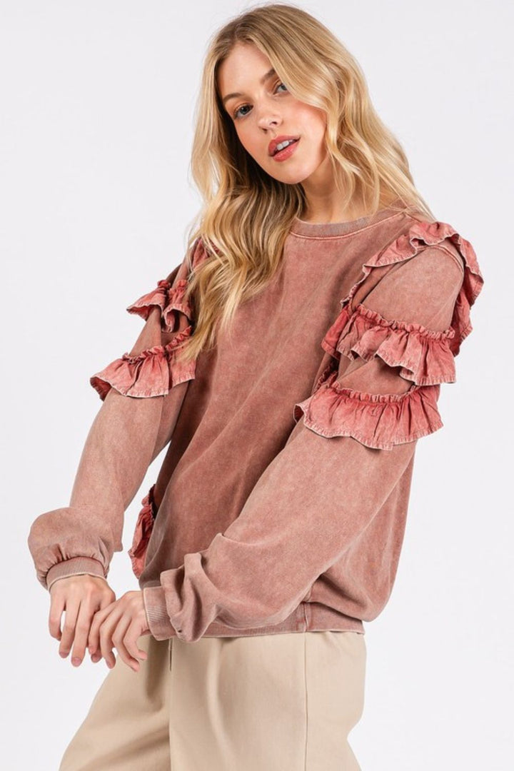 Mittoshop Ruffled Mineral Washed Sweatshirt In Antique Rose