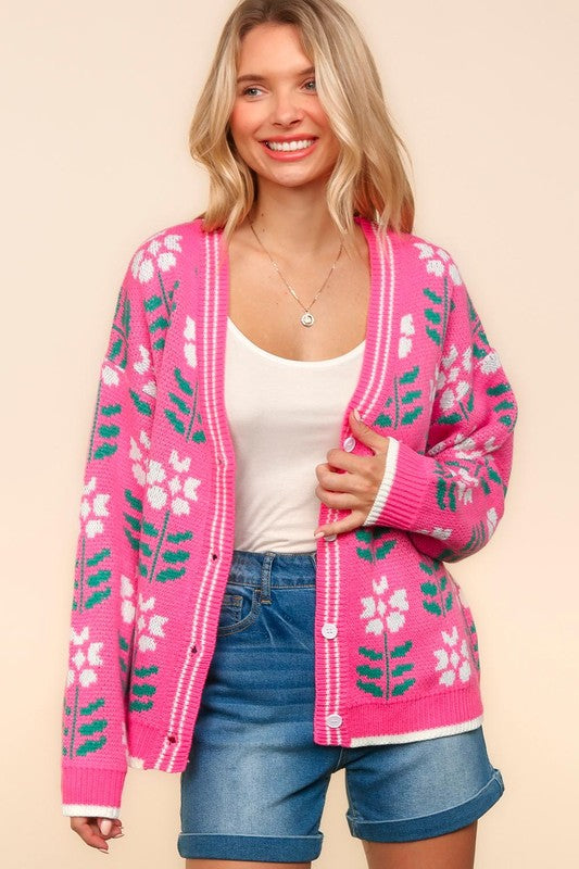 Haptics Floral Jacquard V-Neck Button Up Cardigan In Hot Pink