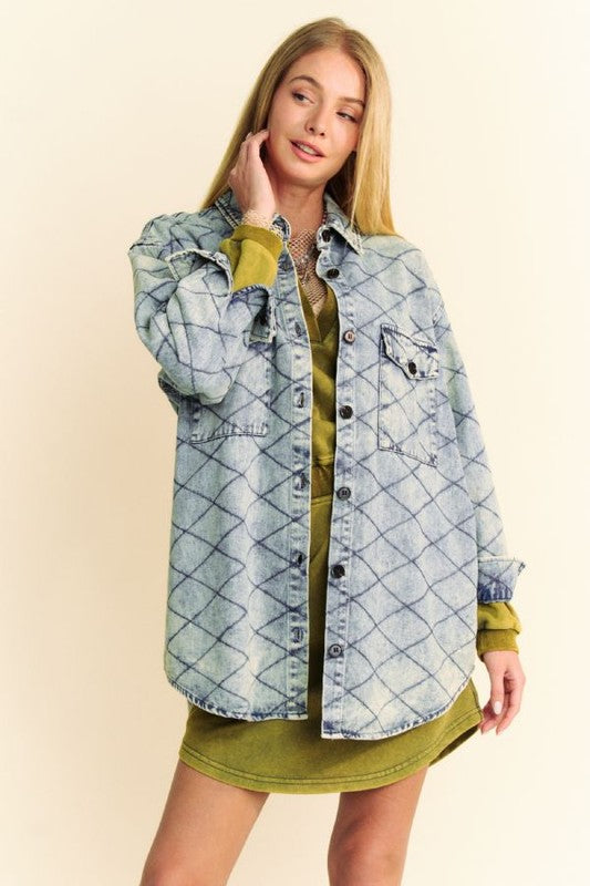 Davi & Dani Diamond Quilted Denim Shacket In Light Blue