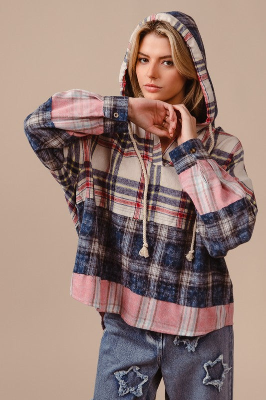 BiBi Drawstring Plaid Hoodie In Cream