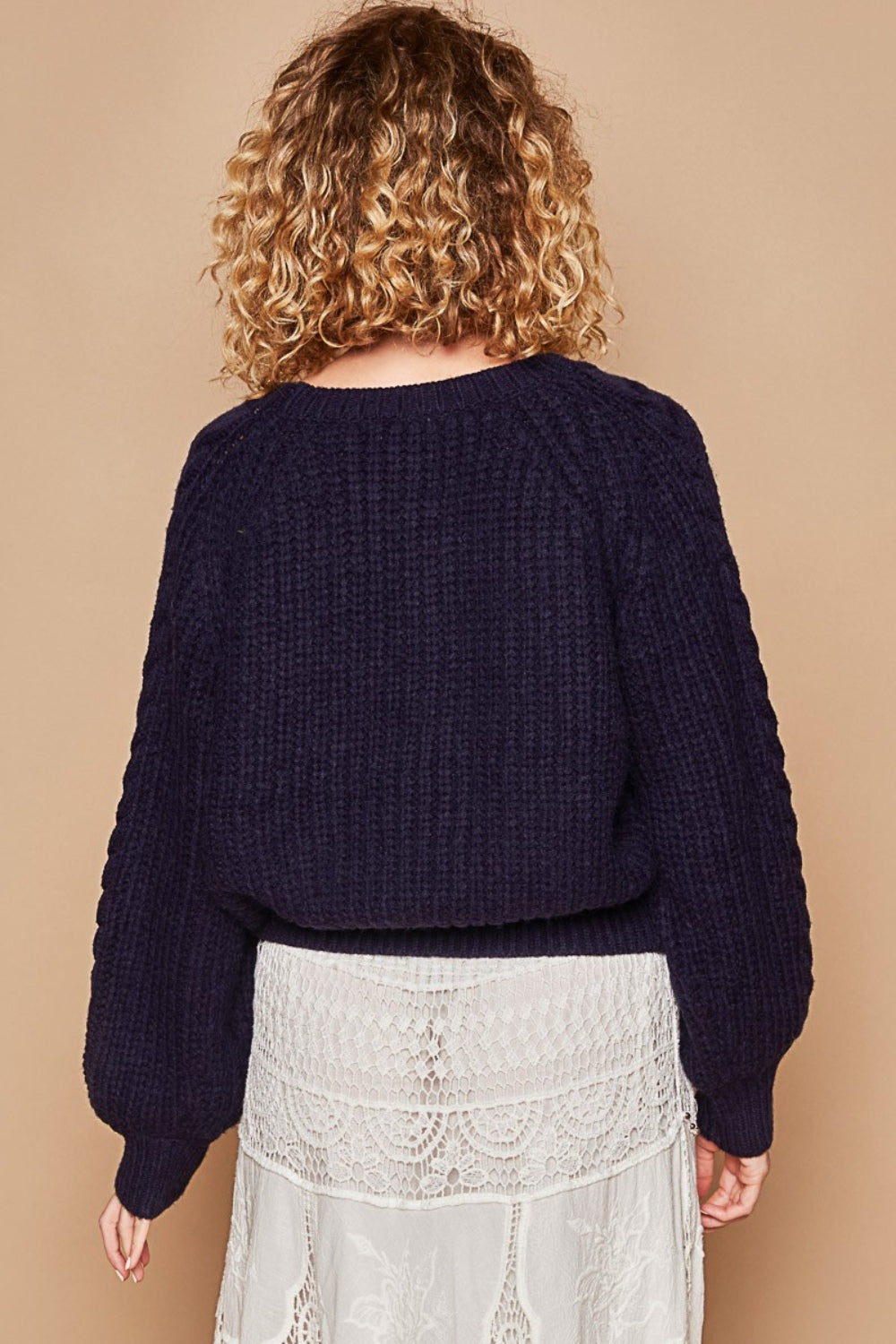 POL Cable Knit Cutout Long Sleeve Sweater In Navy