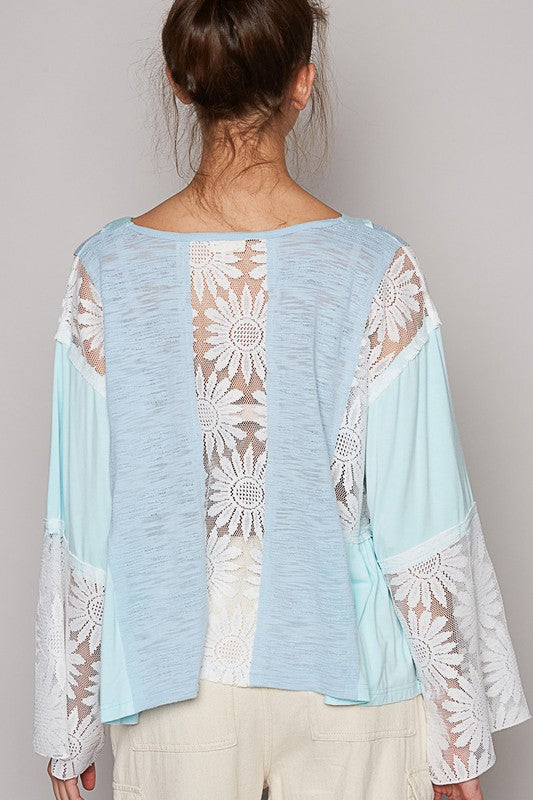 POL Lace Detail Flare Sleeve Blouse In Powder Blue