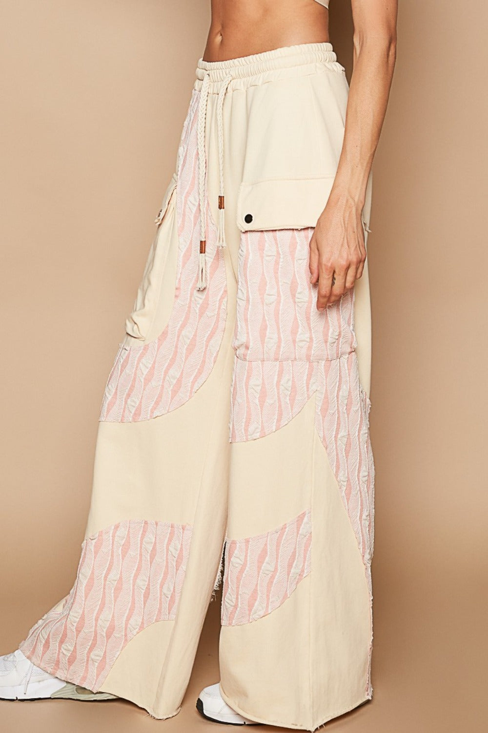 POL Crochet Contrast Drawstring Wide Leg Pants In Cream