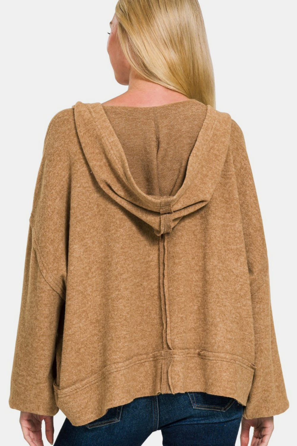 Zenana Brushed Hacci Exposed Seam Hoodie In Deep Camel