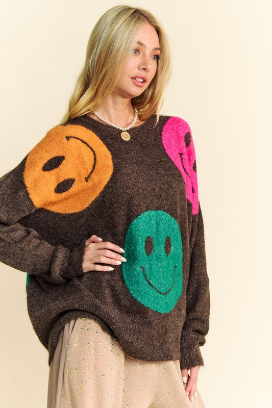 Davi & Dani Smile Round Neck Oversize Sweater In Brown