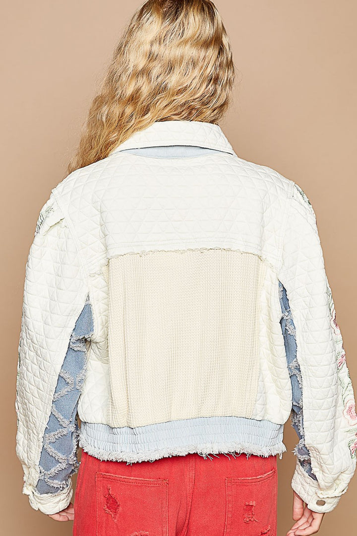 POL Embroidered Sleeve Raw Edge Quilted Jacket In Ivory