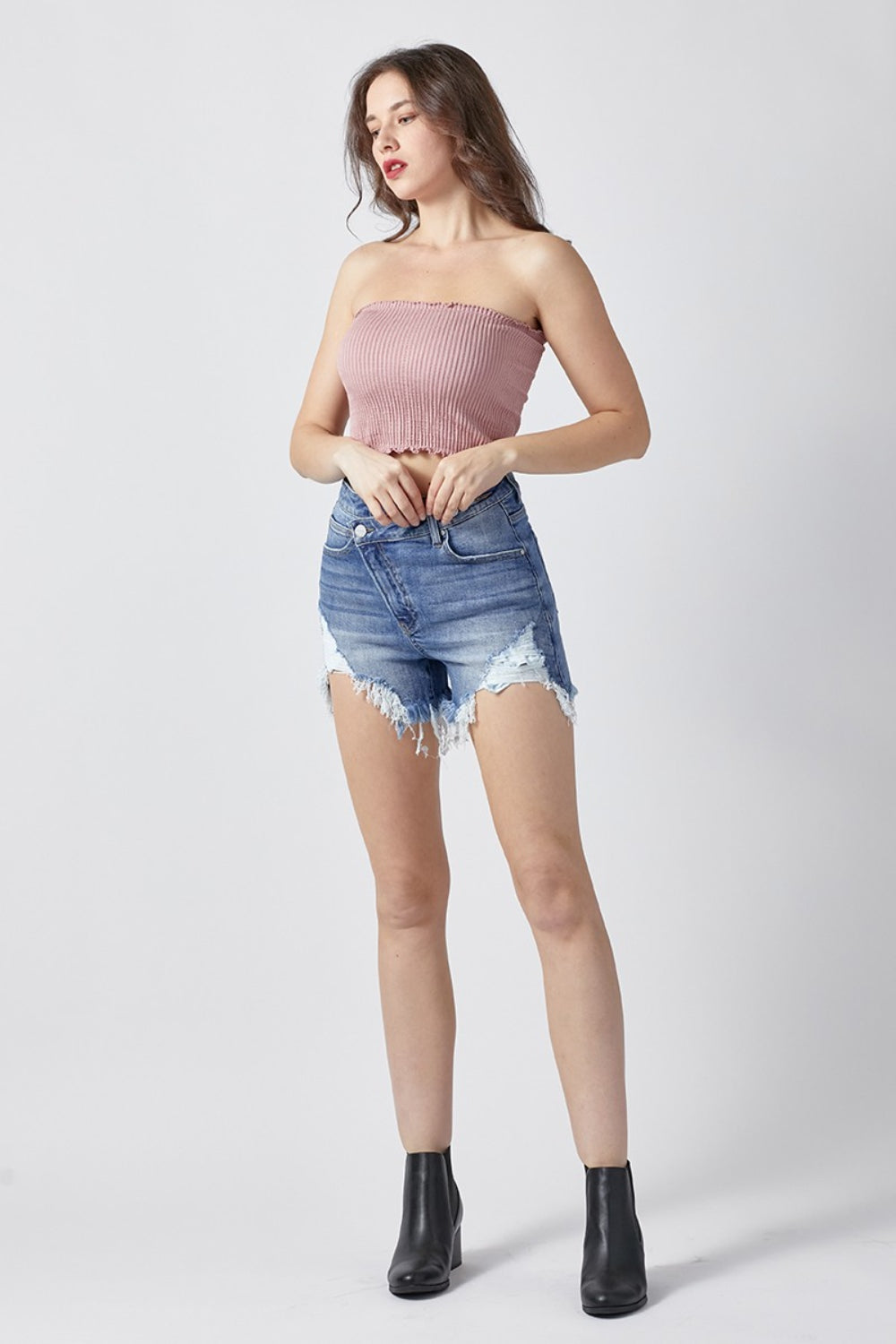 Delight Raw Hem Asymmetrical Waist Denim Shorts