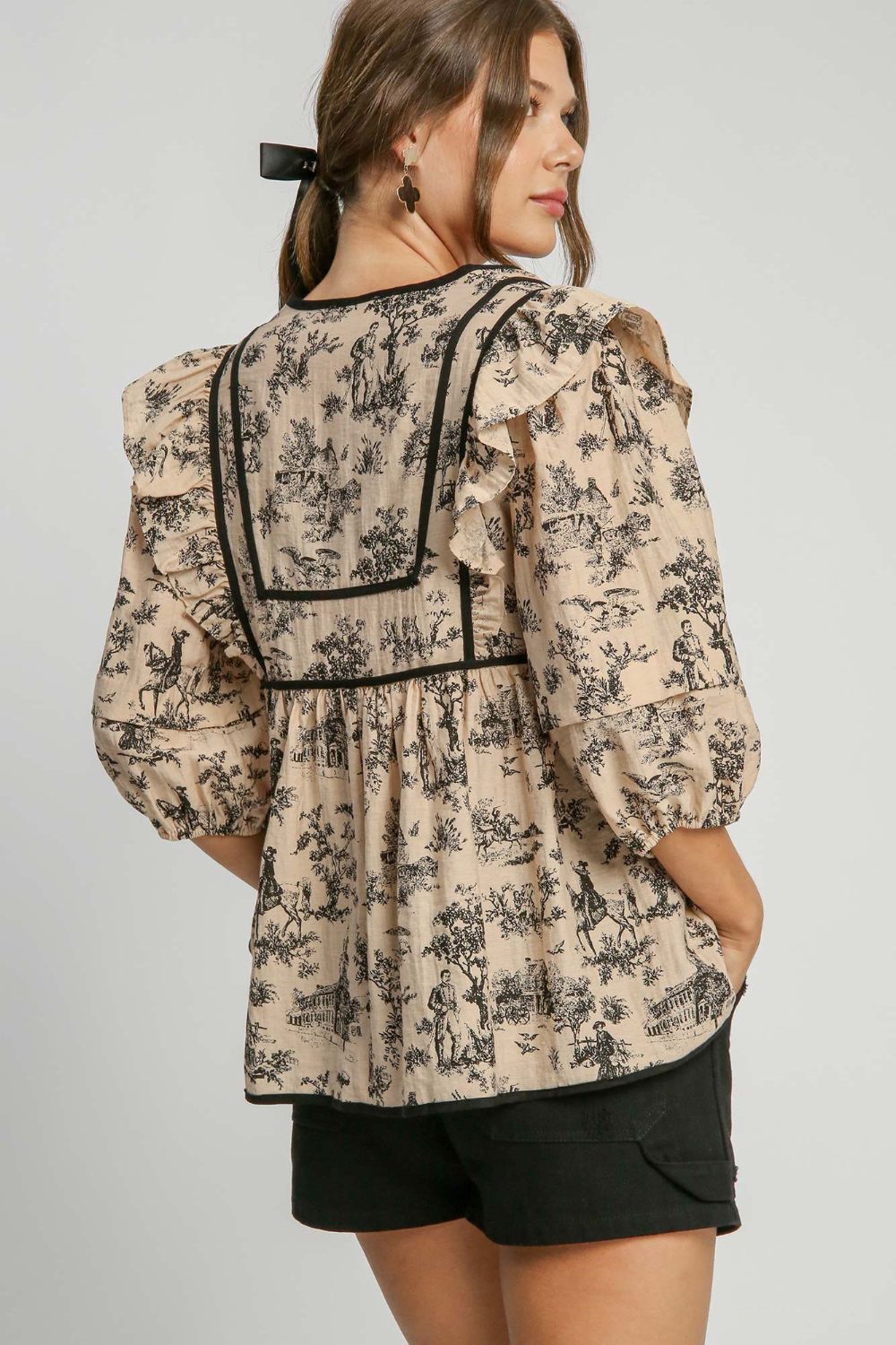 Umgee Ruffled Tie Neck Puff Sleeve Babydoll Blouse In Taupe