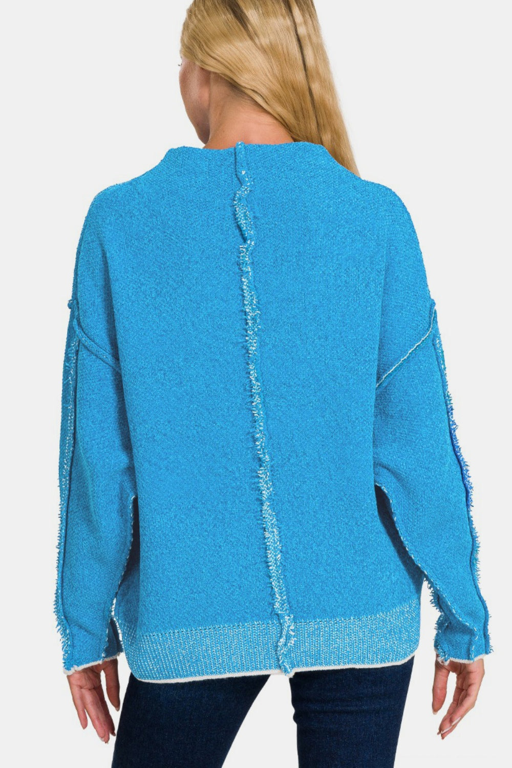 Zenana Exposed Seam Mock Neck Sweater In Deep Sky