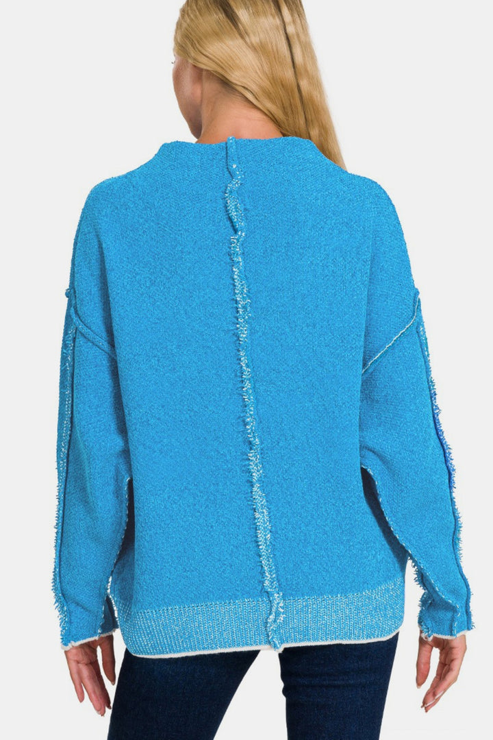 Zenana Exposed Seam Mock Neck Sweater In Deep Sky