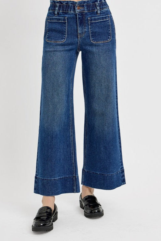 RISEN Elastic Band Wide Leg Jeans In Dark Wash