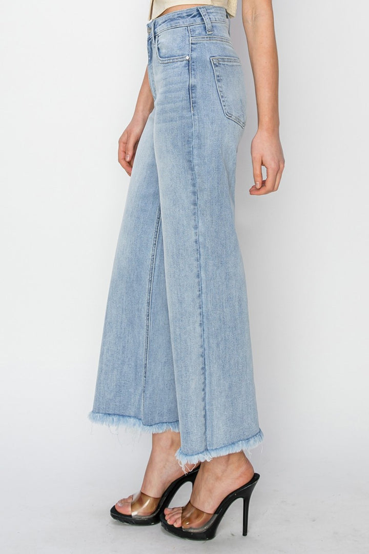 RISEN High Rise Crop Wide Fray Hem Jeans In Light Wash