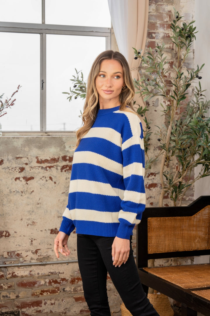 Sew In Love Contrast Striped Round Neck Sweater In Navy