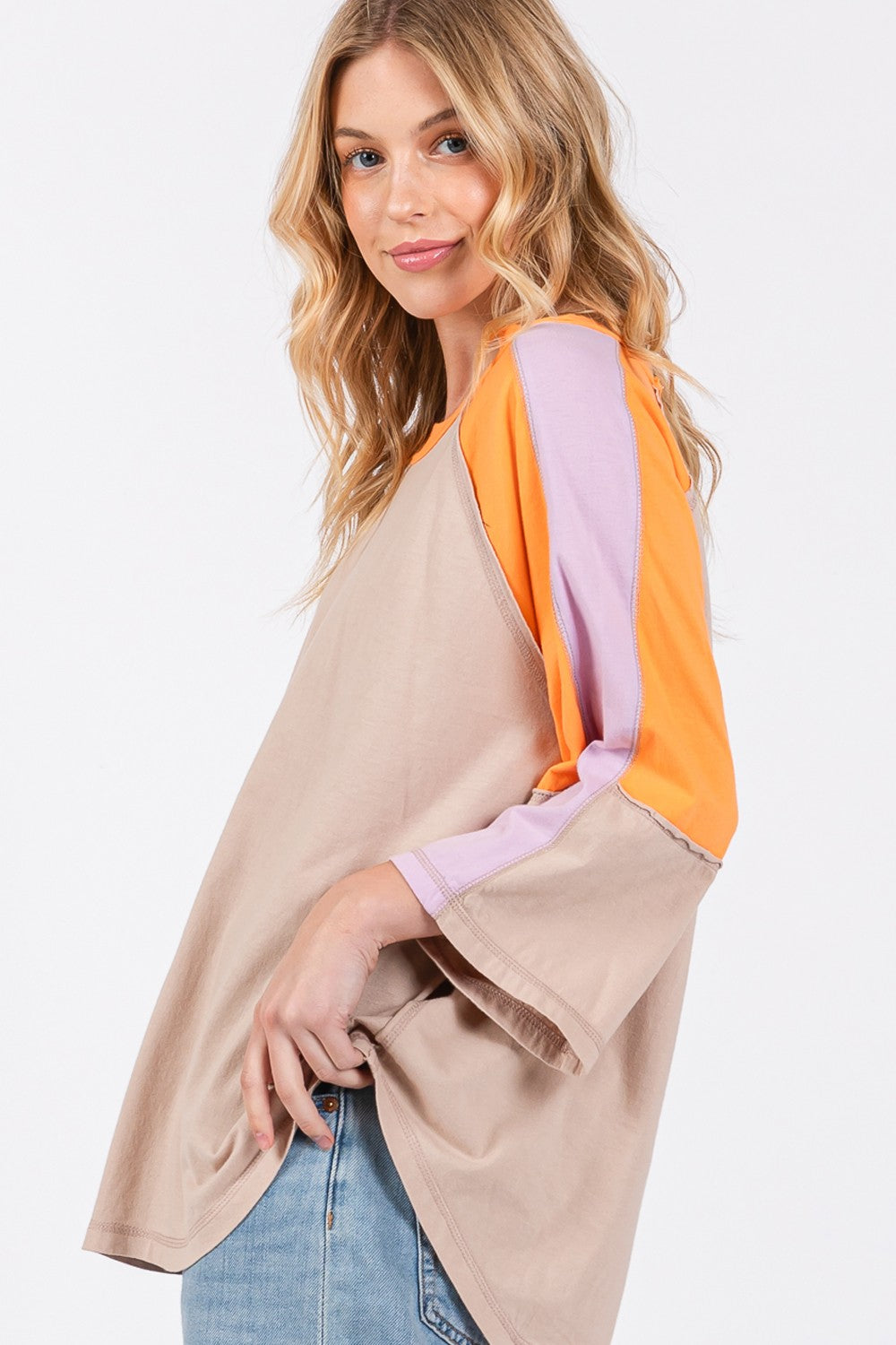 SAGE + FIG Color Block Curved Hem Top In Latte