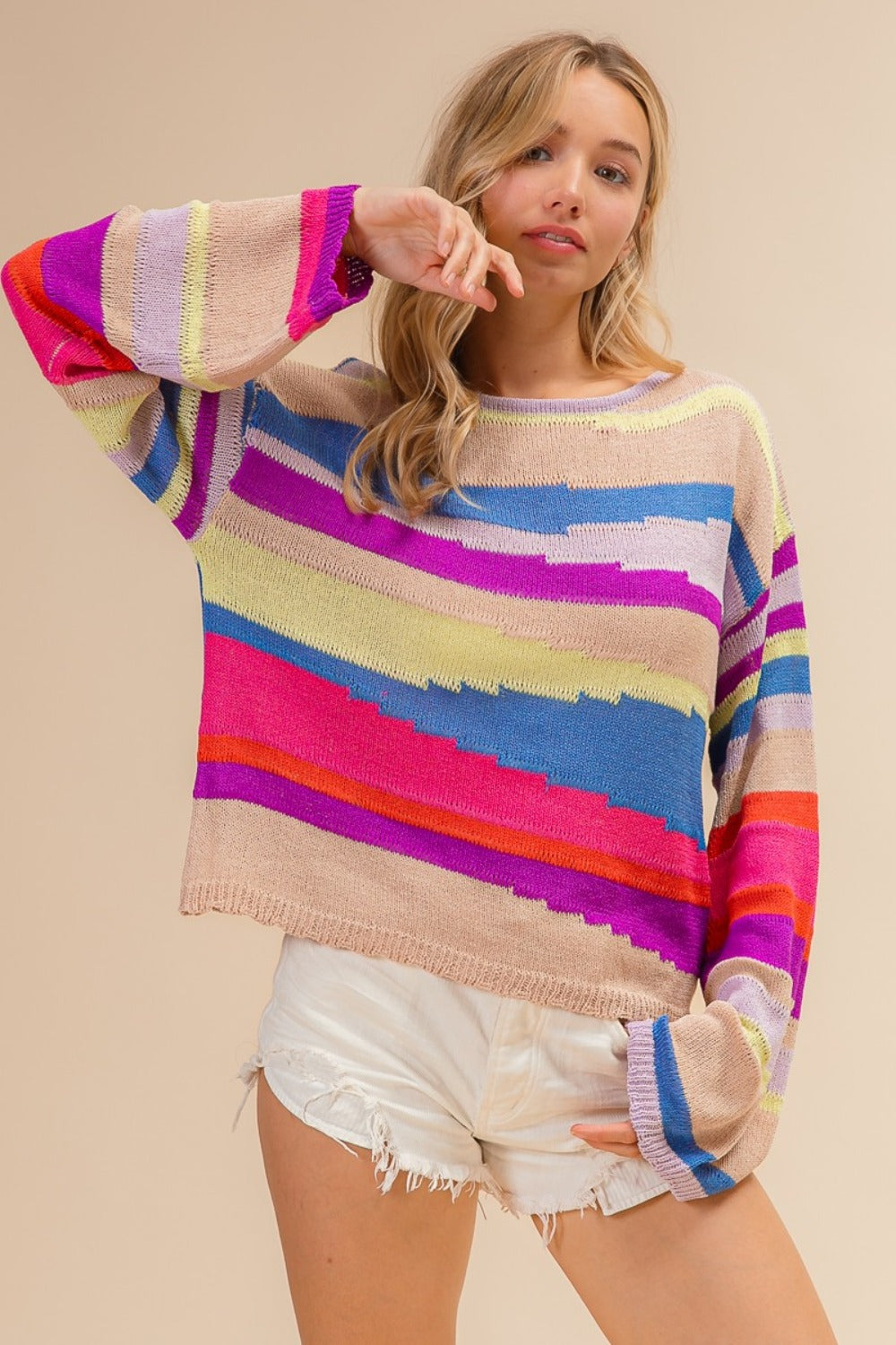 BiBi Multi Color Geometric Stripe Sweater In Latte