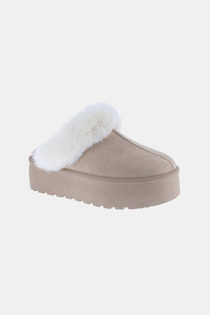 Thick Bottom Fur Trim Snow Slippers In Taupe