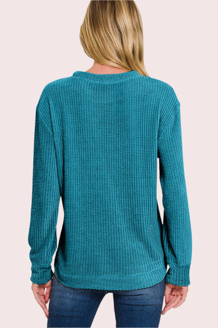 Zenana Chenille Waffle Round Neck Sweater In Ocean Teal