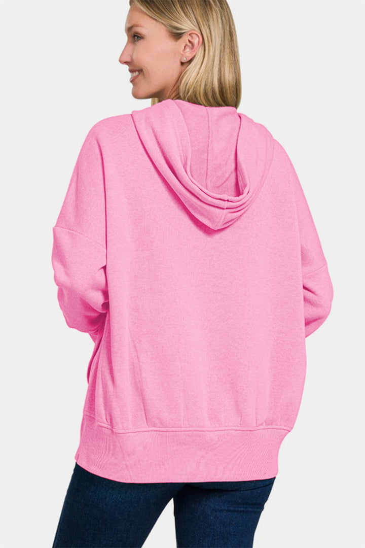 Zenana Half Snap Hoodie with Kangaroo Pocket In Pink