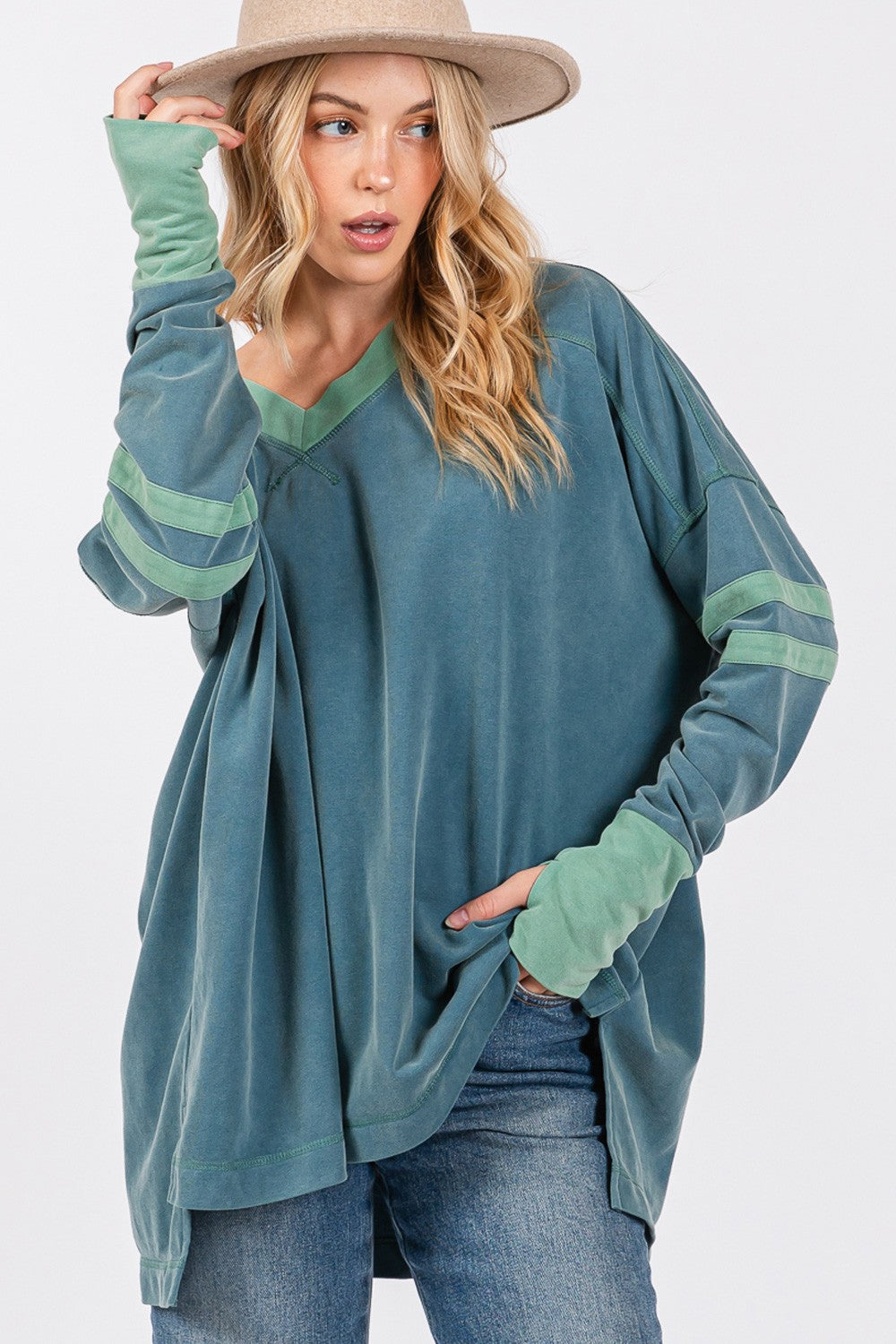 SAGE + FIG Mineral Wash Side Slit Contrast Top In Teal