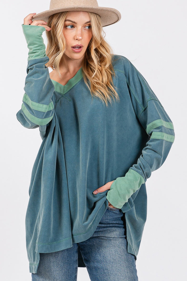 SAGE + FIG Mineral Wash Side Slit Contrast Top In Teal