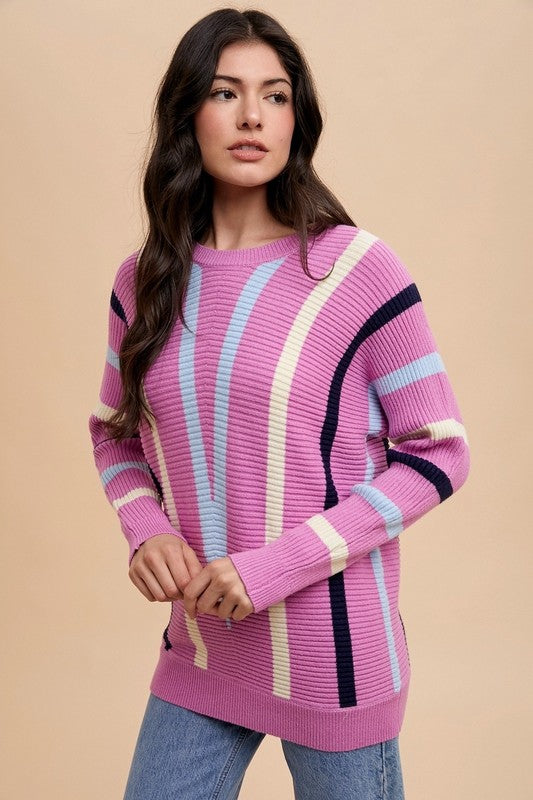 Annie Wear Chevron Stripe Ribbed Sweater In Orchid