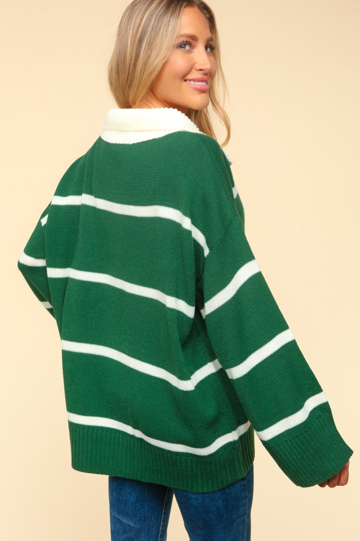 Haptics Collared Neck Striped Contrast Sweater In Hunter Green