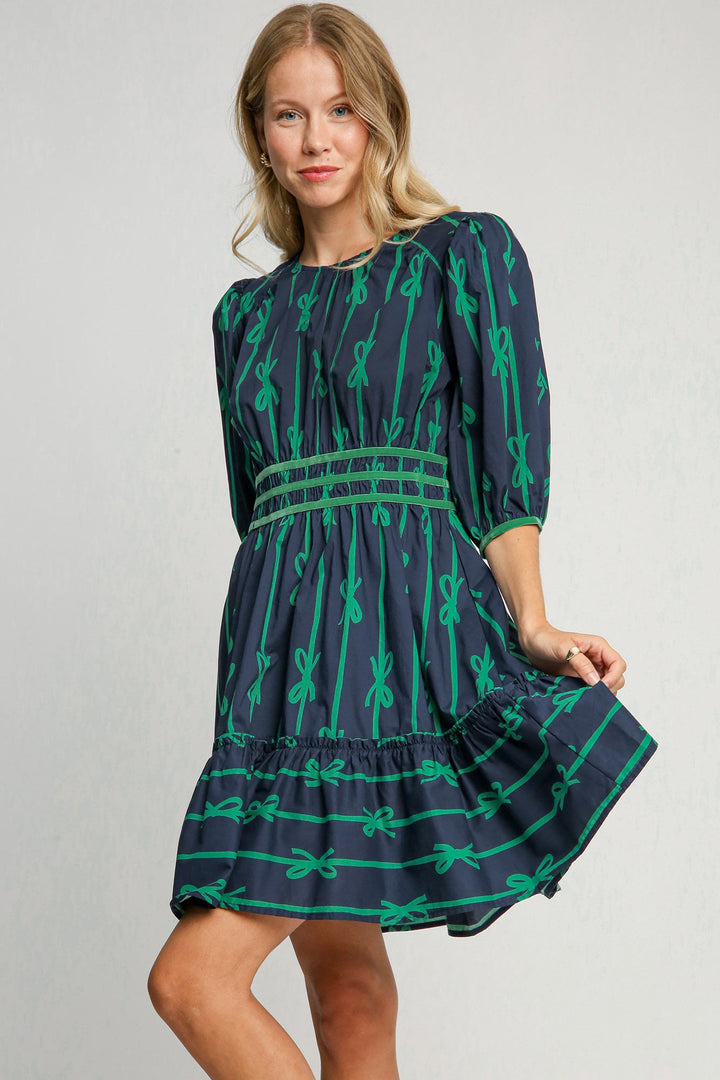 Umgee Ribbon Print Velvet Trim Dress In Navy