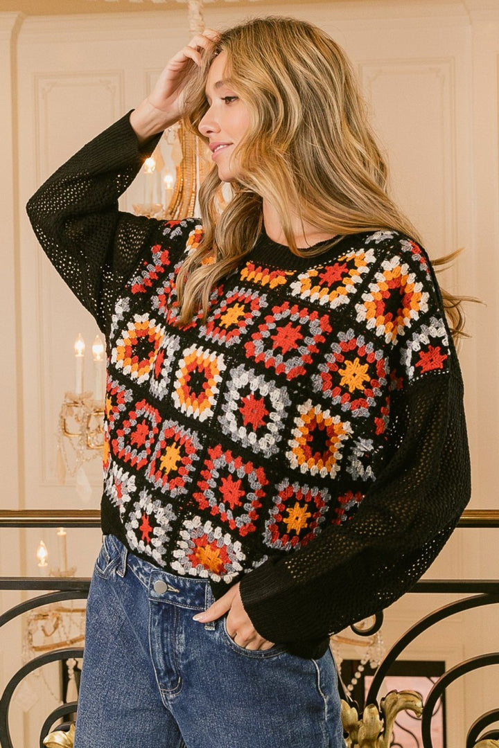 BiBi Granny Square Front Long Sleeve Top In Black