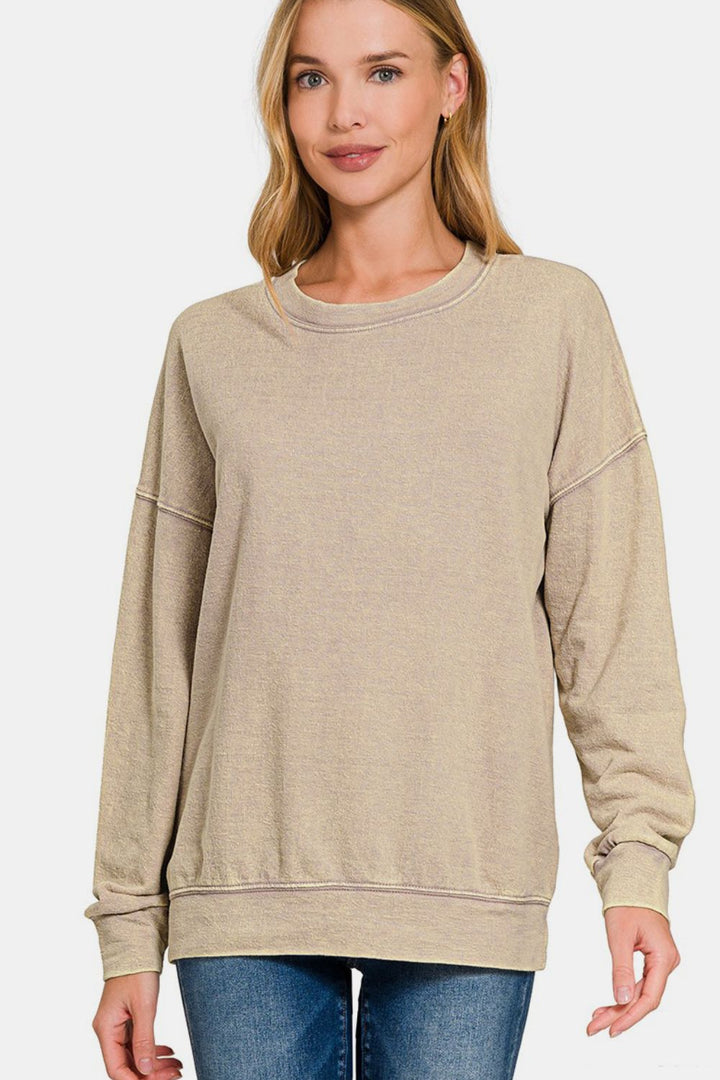 Zenana Washed Dropped Shoulder Sweatshirt In Khaki