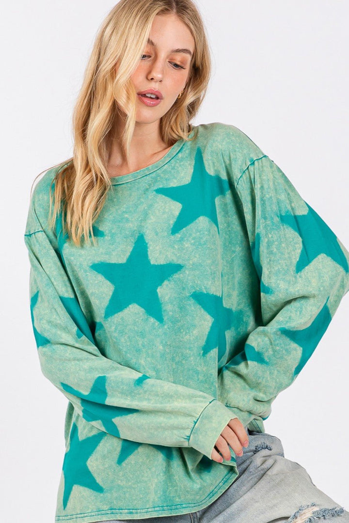 SAGE + FIG Mineral Wash Star Pattern Top In Turquoise