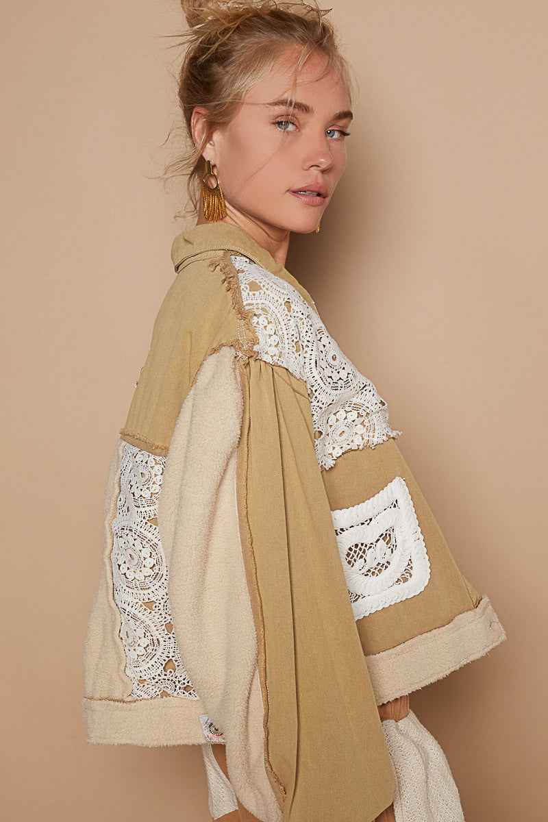 POL Crochet Patch Exposed Seam Button Up Jacket In Sand