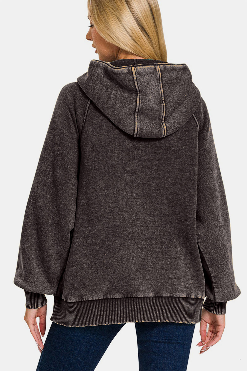 Zenana Acid Wash Fleece Kangaroo Hoodie In Ash Black