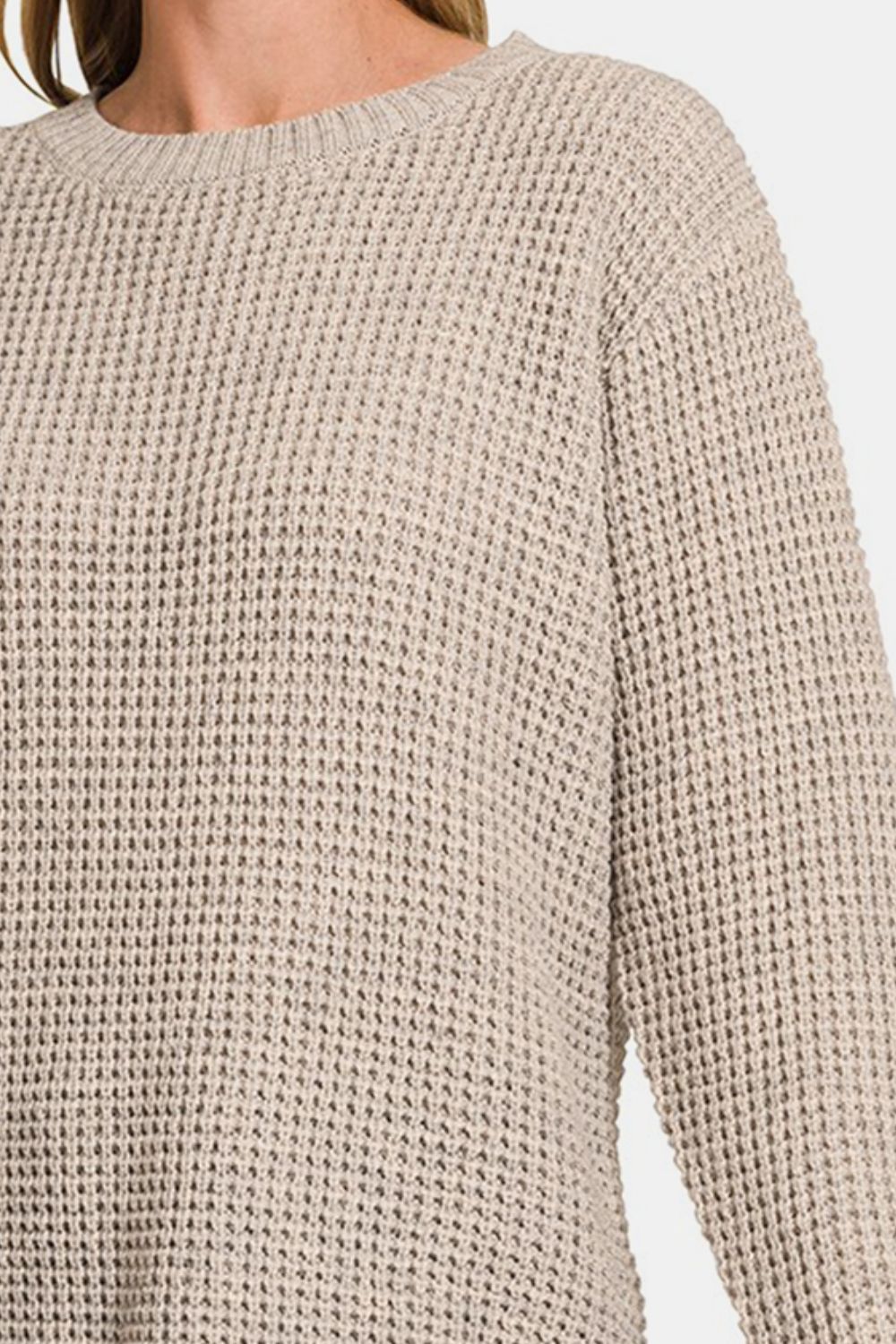 Zenana High Low Waffle Sweater In H Mocha