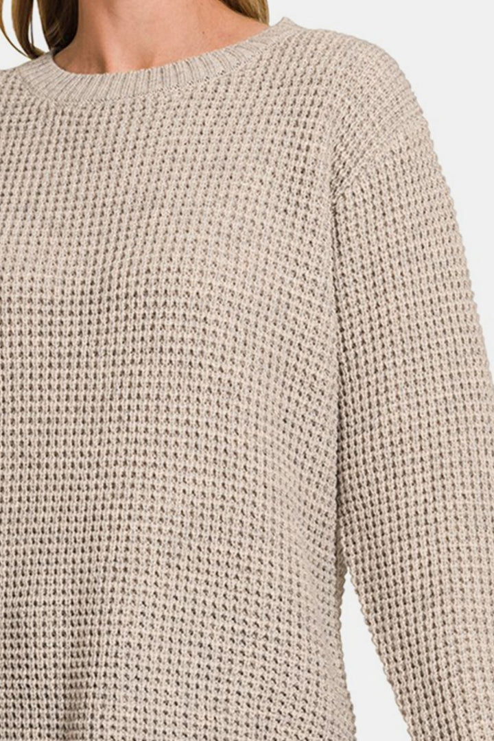 Zenana High Low Waffle Sweater In H Mocha