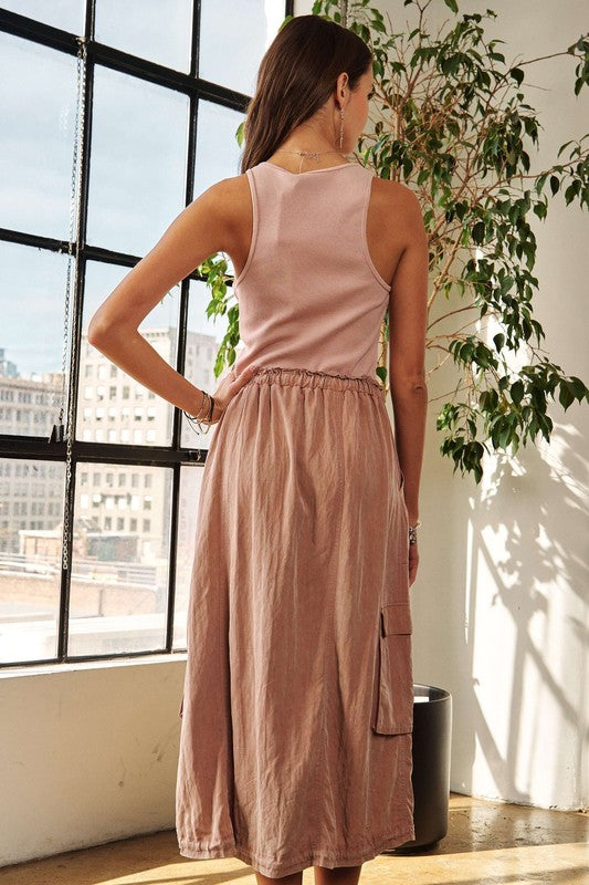 ADORA Drawstring Sleeveless Washed Dress In Mauve