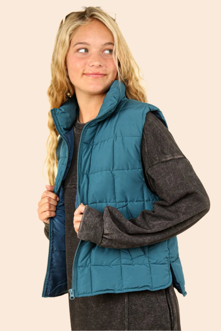 VERY J Zip Up Puffer Padded Warm Vest In Sea Foam