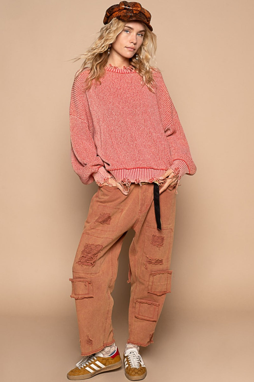 POL Distressed Washed Drop Shoulder Sweater In Brick