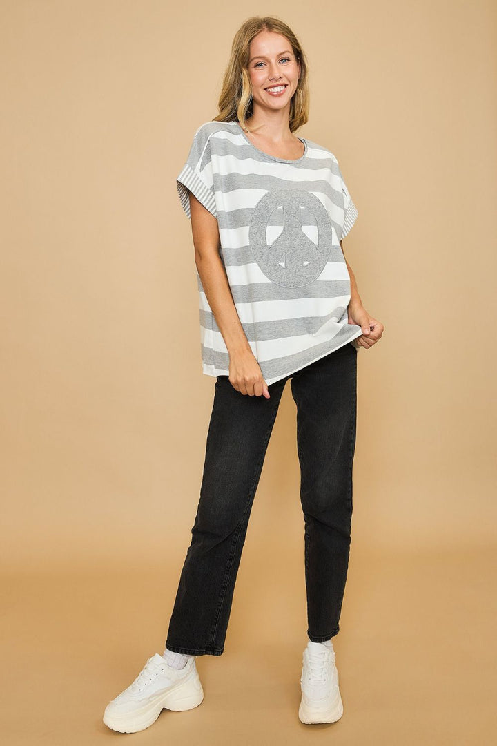 Umgee Peace Sign Patch Striped Top In Gray