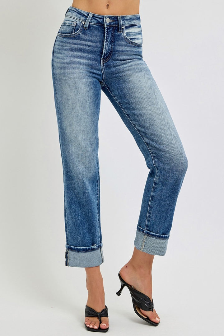 RISEN High Rise Crop Straight Roll Up Jeans In Medium Wash