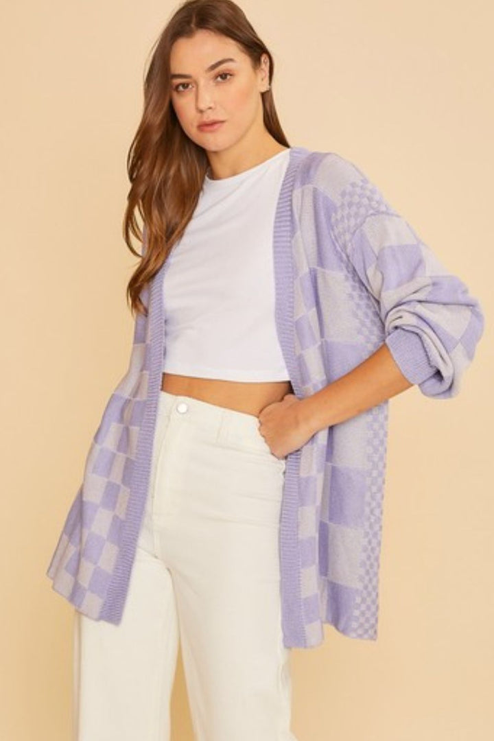 Annie Wear Checkered Cardigan In Lavender