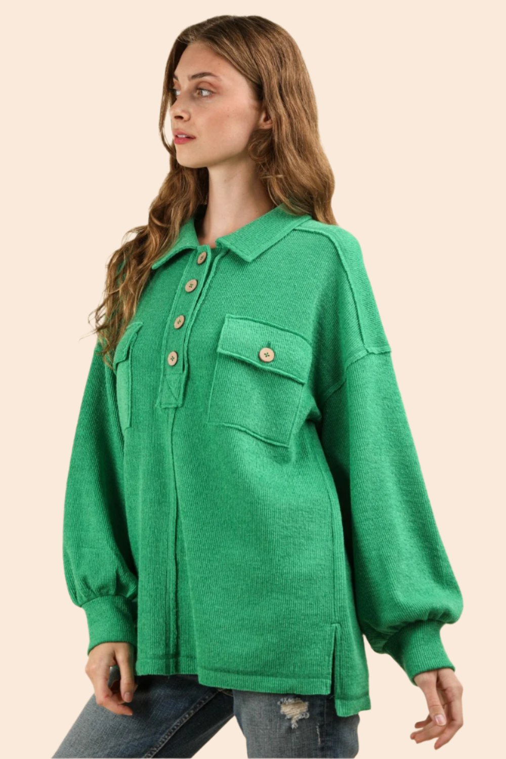 VERY J Collared Half Button Knit Top with Pockets In Green