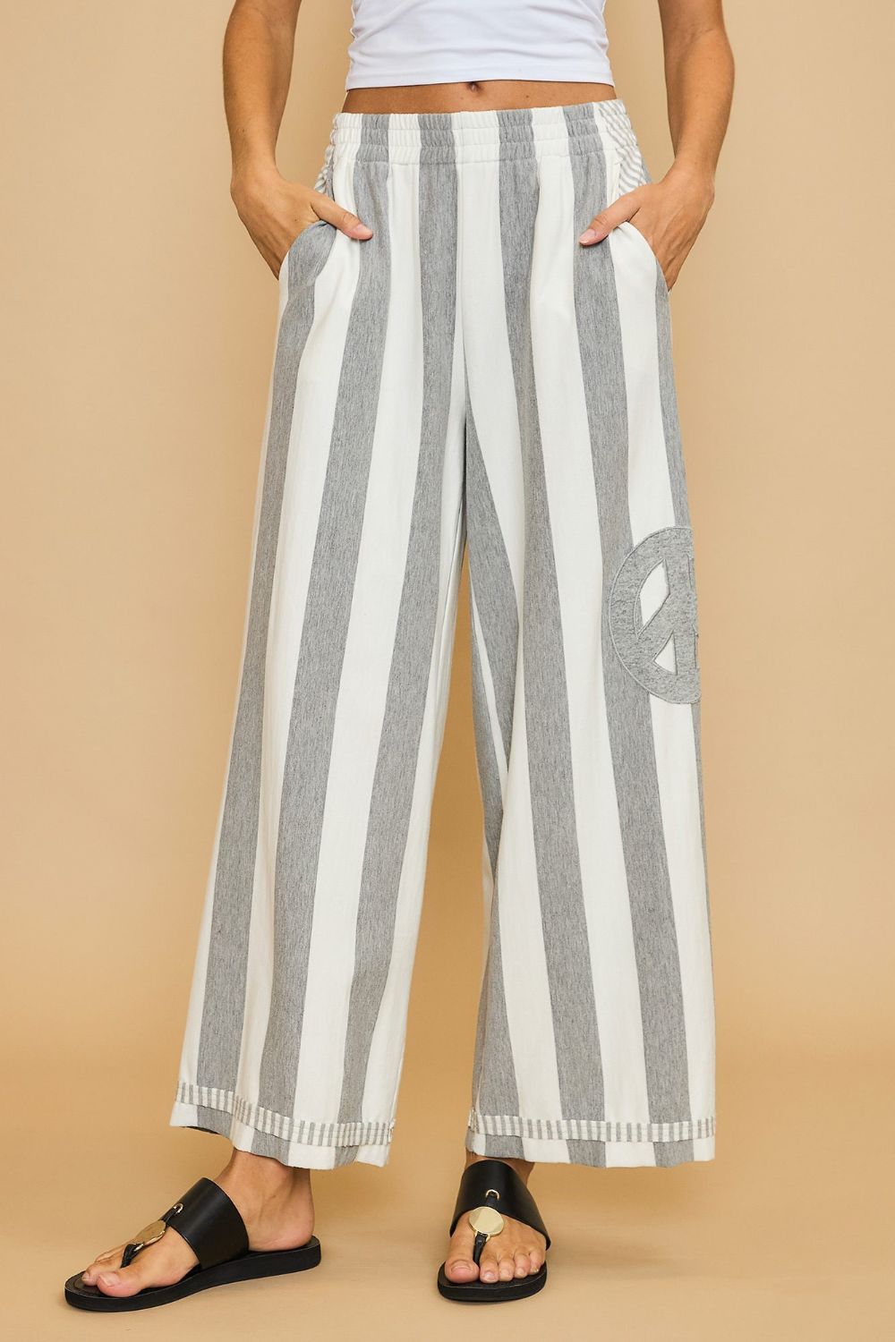 Umgee Peace Sign Patch Striped Wide Leg Pants In Gray