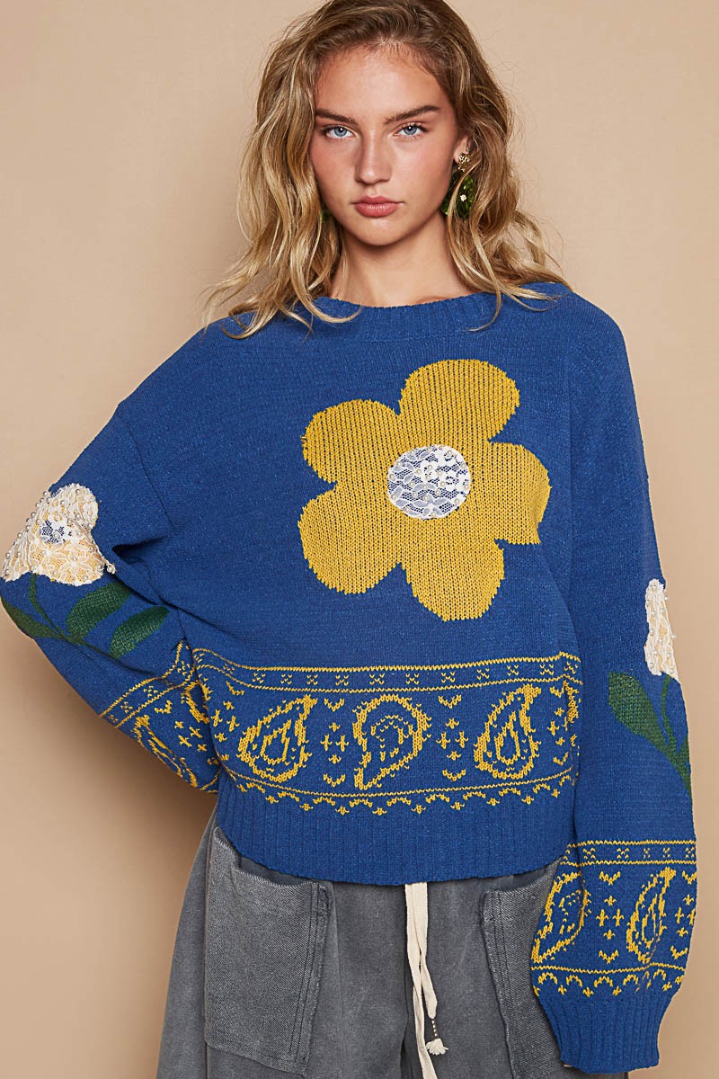 POL Flower Lace Patch Long Sleeve Sweater In Blue