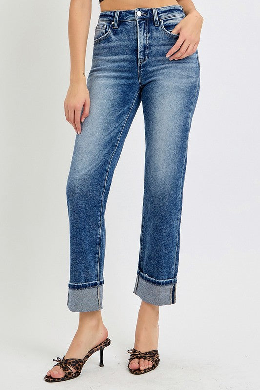 RISEN High Rise Crop Straight Roll Up Jeans In Dark Wash