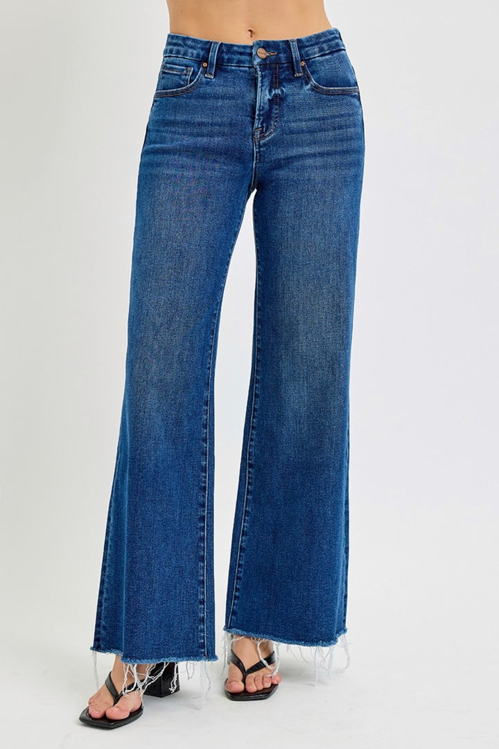 RISEN Tummy Control High Rise Wide Leg Jeans In Dark Wash